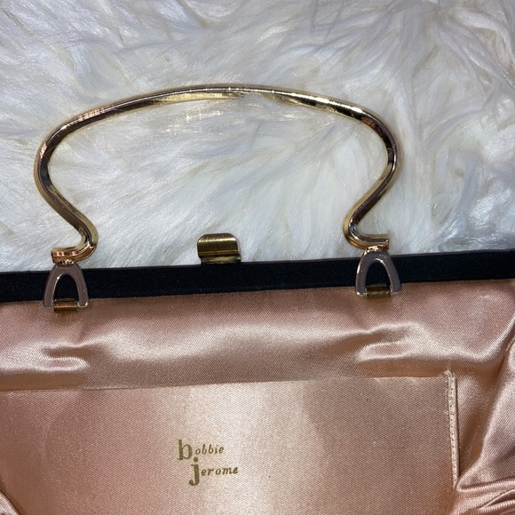 BOBBIE JEROME blk evening bag, sz. on pics, 1 spot, gold handle option. $15 - Picture 3 of 8